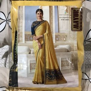 Navy Blue and Mango Yellow Saree by Vinay Fashion
